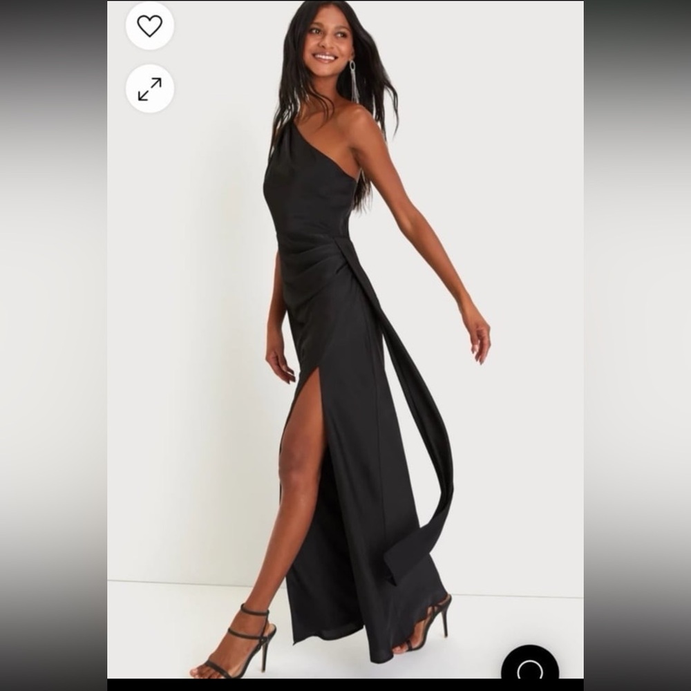 Lulus Signature Elegance Black Satin One Shoulder Maxi Dress